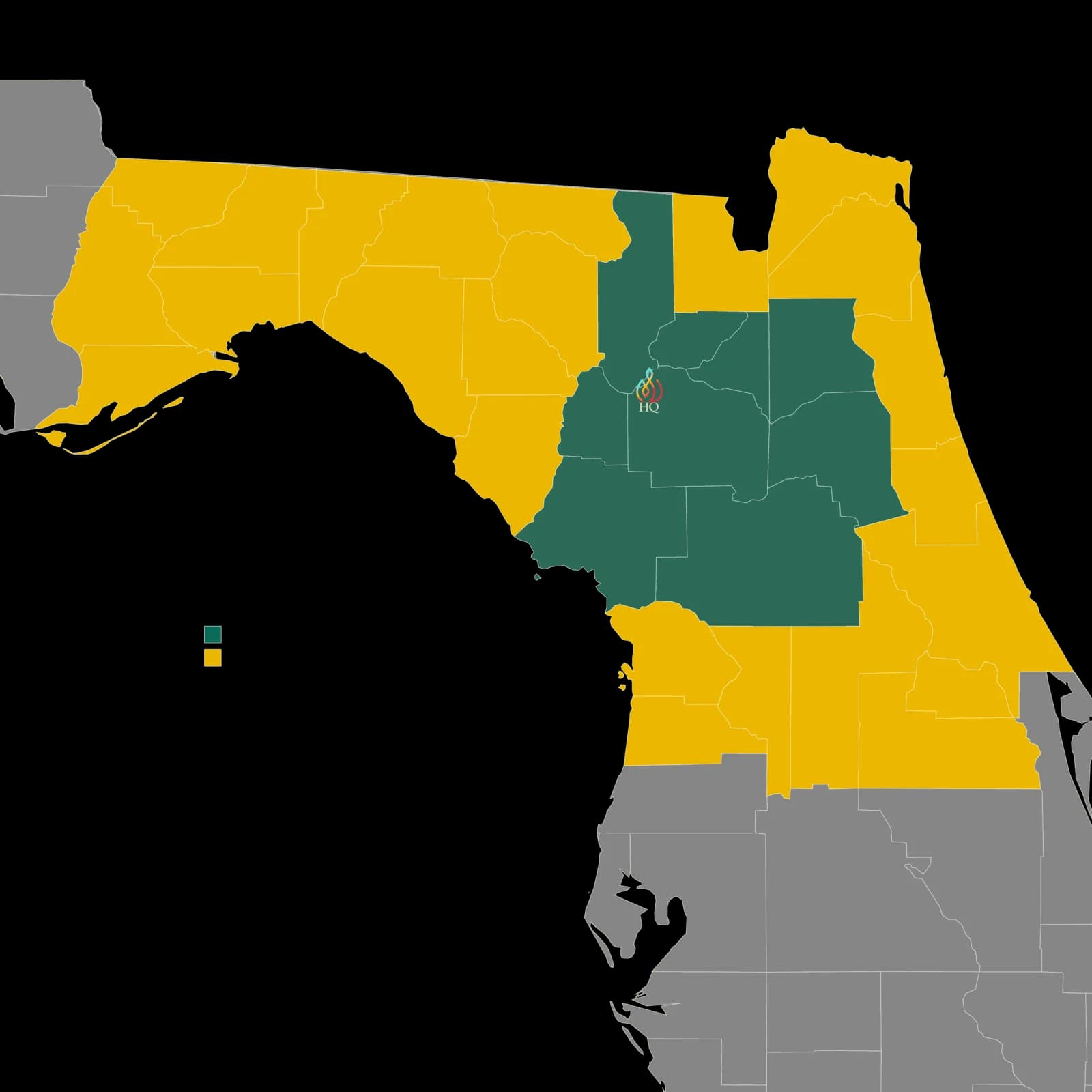 An image of the Florida counties map with some counties collared green representing the primary service area and some colored in yellow representing the secondary service area.