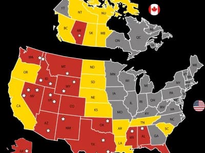 Map of North America showing State Fire fire protection service coverage areas across the United States and Canada for fire alarm, sprinkler, and suppression systems.