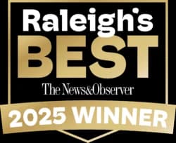 A black and gold badge reading "Raleigh's Best The News & Observer 2025 Winner.