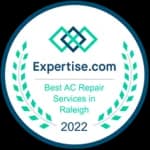 Circular badge displaying "Expertise.com Best AC Repair Services in Raleigh 2022" with decorative laurel leaves and geometric design.