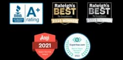 Five award badges, including BBB A+ rated, Raleigh’s Best 2025 Winner (two times), Angi 2021 Super Service Award, and Expertise Best AC Repair Raleigh 2022.