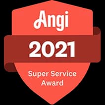 Red badge with “Angi 2021 Super Service Award” written on it, indicating recognition for high-quality service in 2021.