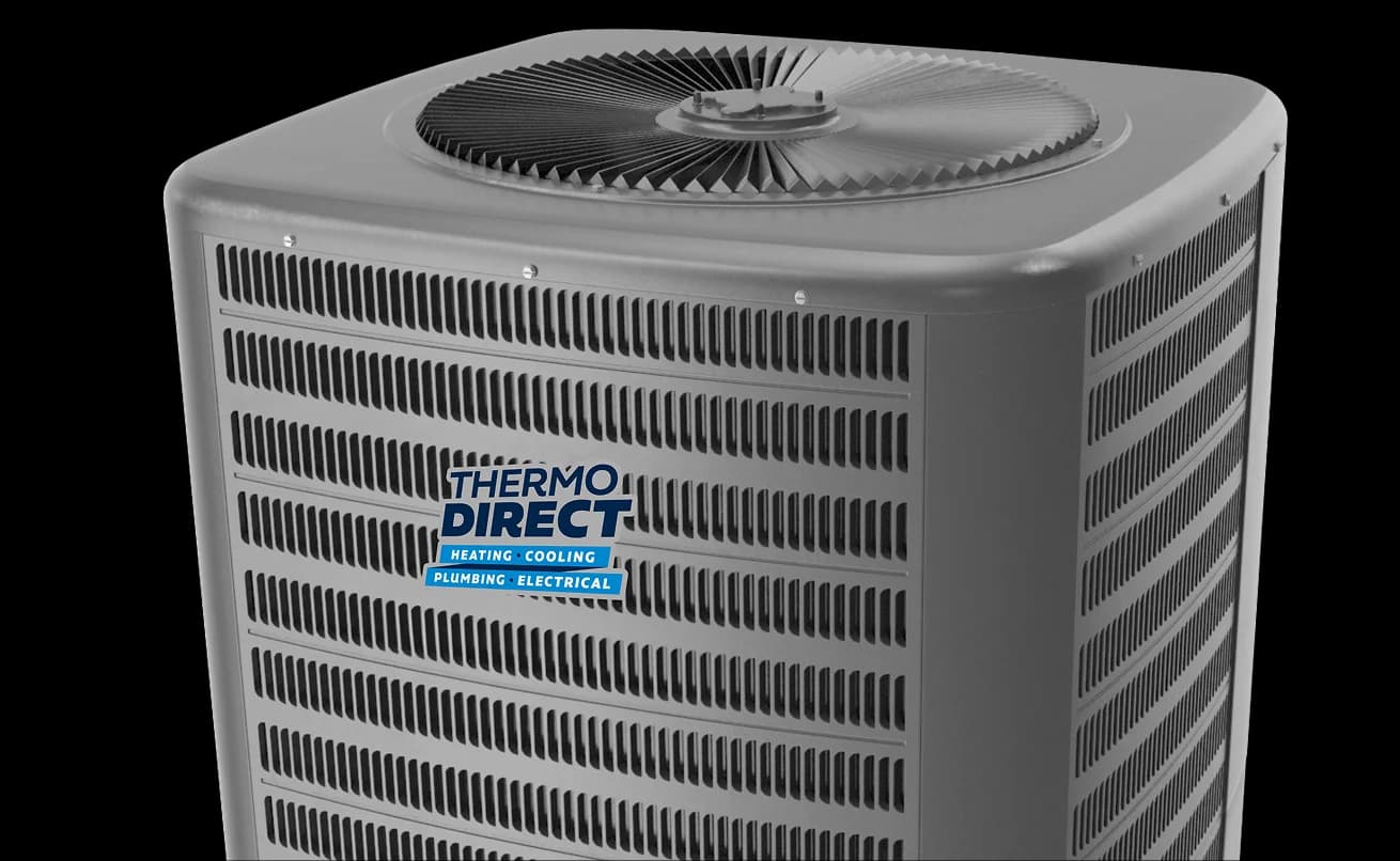 Gray outdoor HVAC unit with a top fan, featuring "Thermo Direct Heating • Cooling • Plumbing • Electrical" branding on the side.