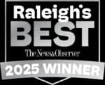 A black and gray badge reads “Raleigh’s BEST, The News & Observer, 2025 Winner.”.