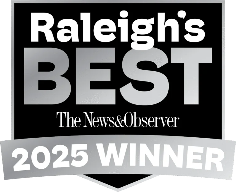 A black and gray badge reads “Raleigh’s BEST, The News & Observer, 2025 Winner.”.
