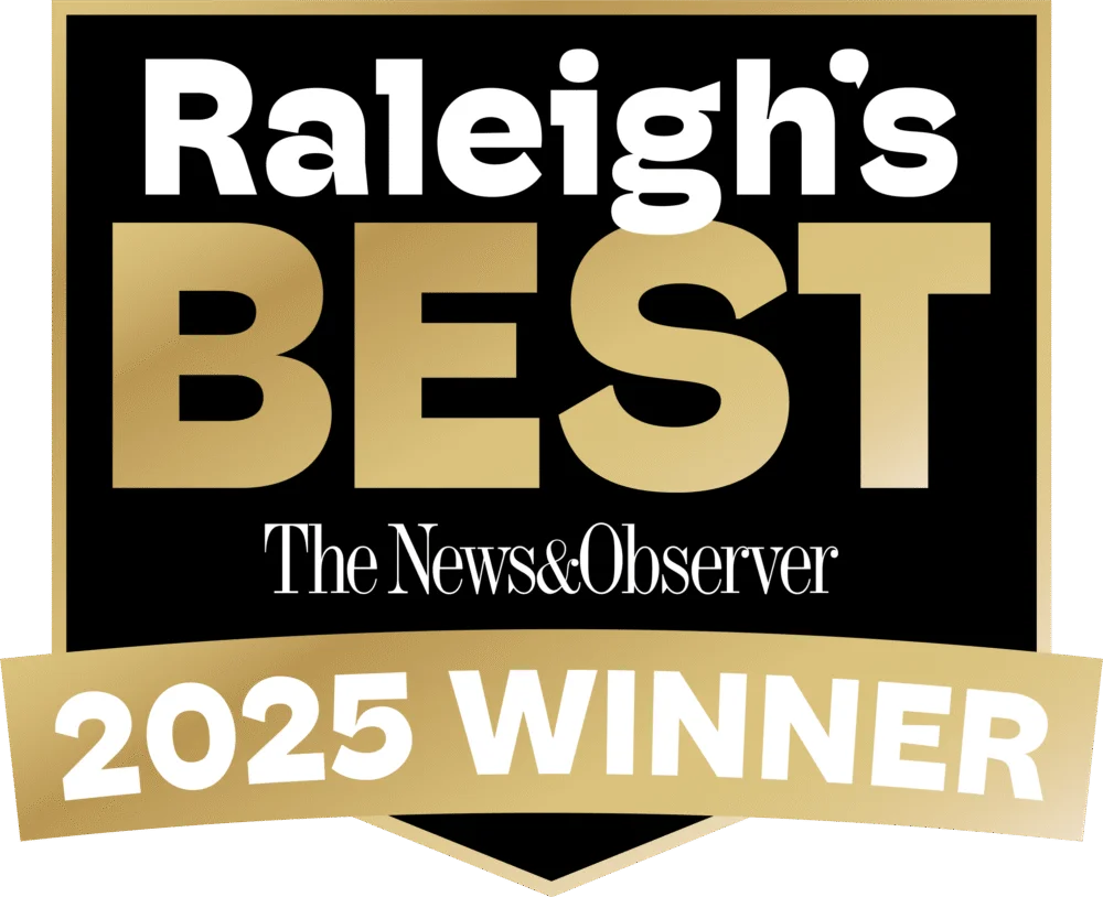 A black and gold badge reading "Raleigh's Best The News & Observer 2025 Winner.