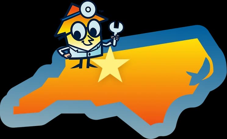 A cartoon house character holds a wrench and stands on an orange and yellow map outline of North Carolina with a large star in the center.