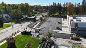 Aerial view of J. Hunziker Paving installing a new asphalt parking lot for Trader Joes
