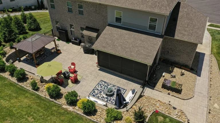 aerial photo of stamped concrete patio and landscaping - The Concrete Gentlemen