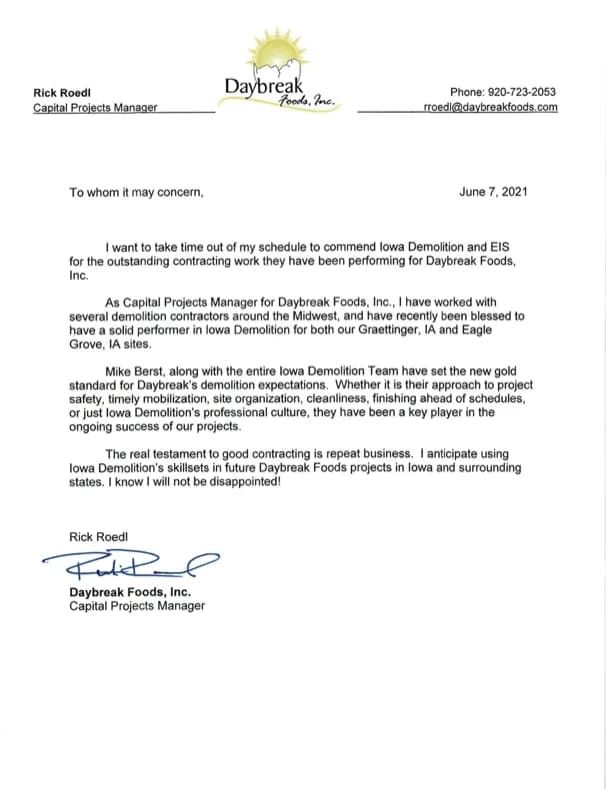 Daybreak food Inc. letter Image