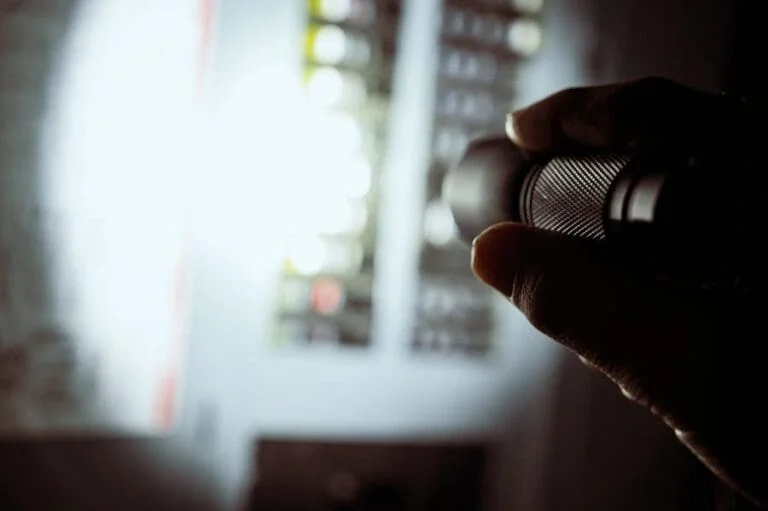 Electrician inspecting residential electrical panel with flashlight during emergency repair.