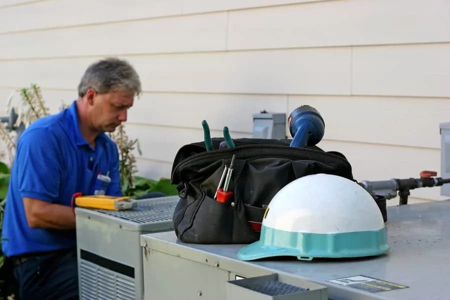 HVAC technician servicing outdoor air conditioning unit during emergency repair
