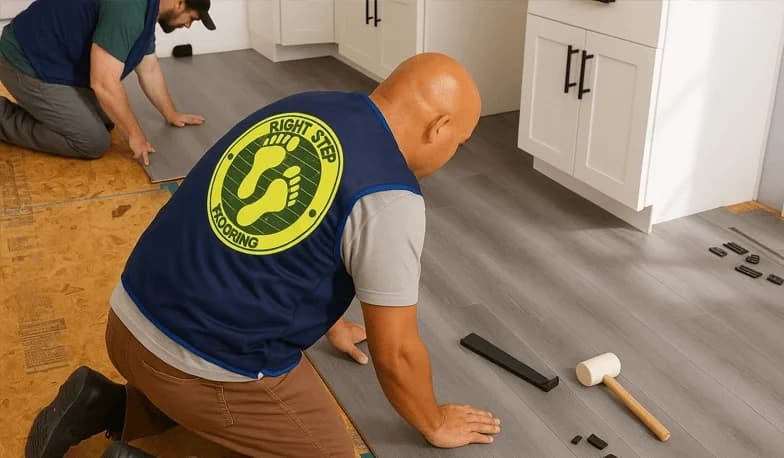Two workers installing flooring with tools.
