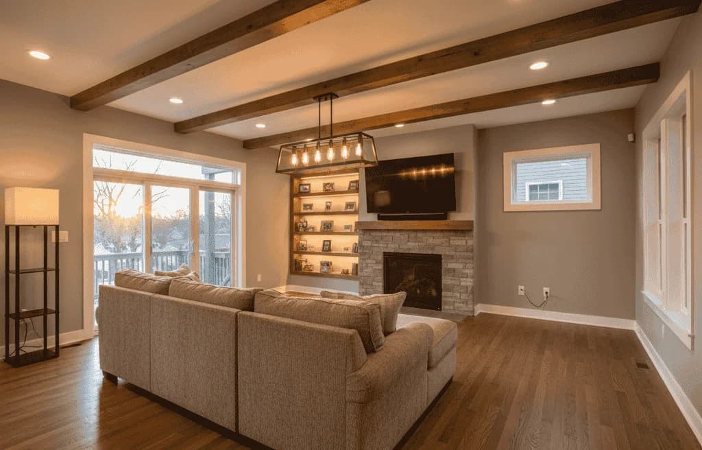 Residential electrical work for a home renovation or finished space, featuring updated lighting and professional installation by Renaissance Electric