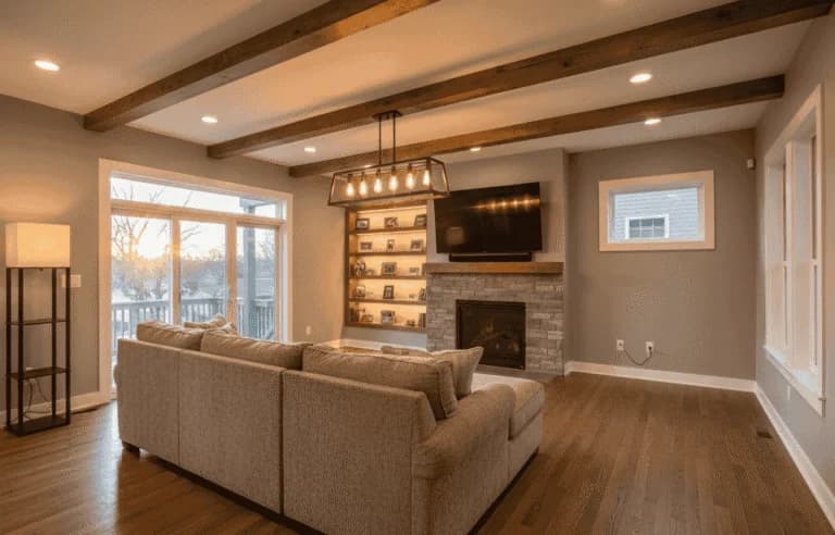 Residential electrical work for a home renovation or finished space, featuring updated lighting and professional installation by Renaissance Electric