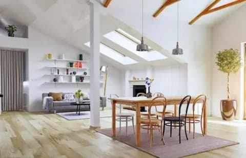 Modern, open dinning/living area with wide plank flooring