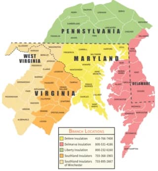 Illustrated map of Foam InSEALators service areas in Pennsylvania, Maryland, West Virginia, Virginia, and Delaware.