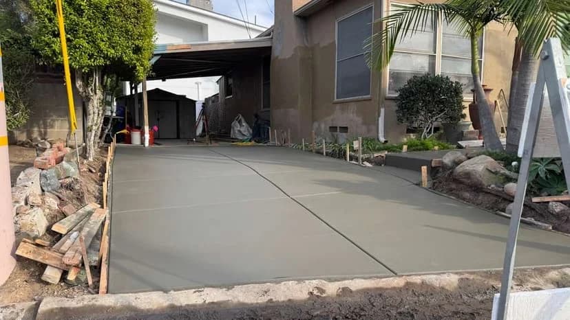 Crew pouring a fresh concrete driveway lined with palm trees on pour day