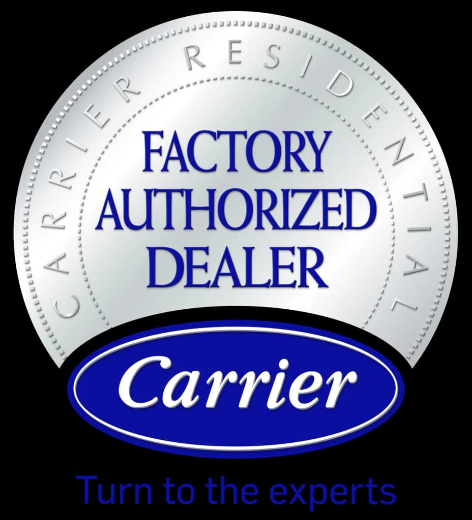 Round badge with text: "Factory Authorized Dealer" and "Carrier" on a blue oval. Outer ring says "Carrier Residential." Bottom text reads: "Turn to the experts.