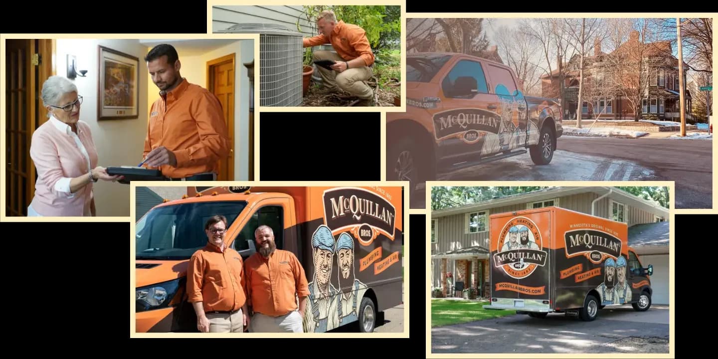 Collage Of Air Conditioning Service Technicians In Orange Shirts Working, Consulting With A Customer, And Branded Mcquillan Trucks And Buildings.