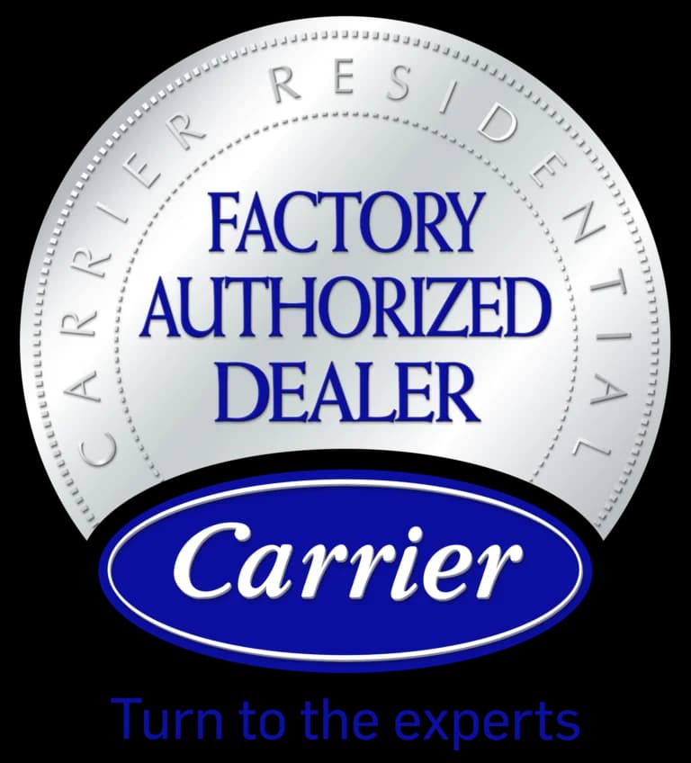 Round badge with text: "Factory Authorized Dealer" and "Carrier" on a blue oval. Outer ring says "Carrier Residential." Bottom text reads: "Turn to the experts.