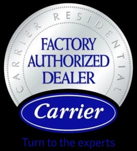 Round badge with text: "Factory Authorized Dealer" and "Carrier" on a blue oval. Outer ring says "Carrier Residential." Bottom text reads: "Turn to the experts.