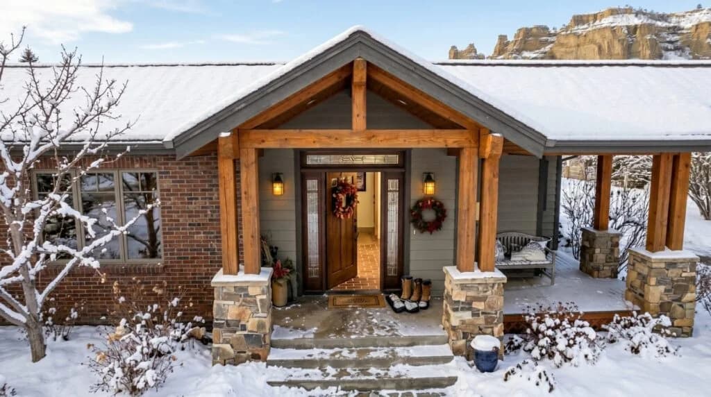 Billings Montana home entryway in winter with worn floor and Rimrocks visible in background