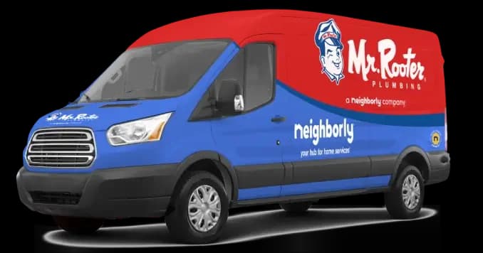 Red and blue branded Mr. Rooter and Neighborly van.