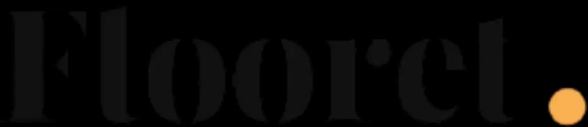 Flooret brand logo with orange sun icon on black.