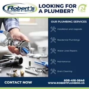 Robert's Plumbing Social Ad showing Plumbing Services: Installation and upgrade, residential plumbings, water lines and repairs, maintenance, drain cleaning.