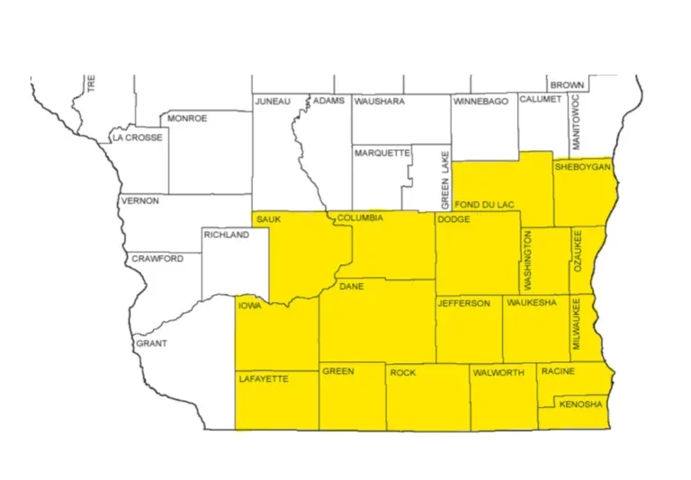 Highlighted service areas for Robert's Plumbing over the southeastern corner of Wisconsin from Sauk county to Kenosha county