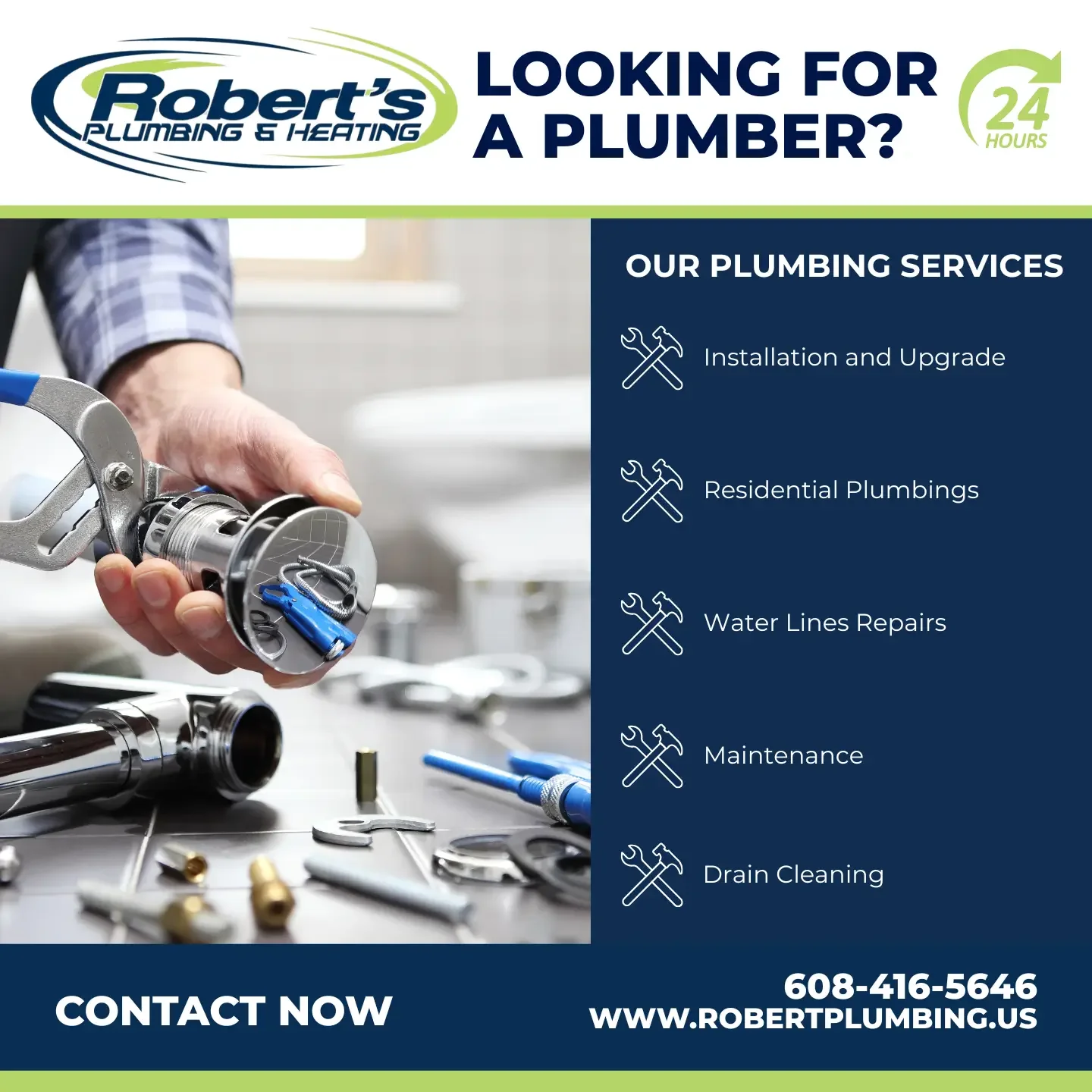 Robert's Plumbing Social Ad showing Plumbing Services: Installation and upgrade, residential plumbings, water lines and repairs, maintenance, drain cleaning.