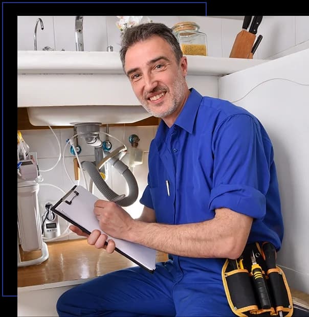 Plumbing technician checking water installation under the sink of a home kitchen with notepad.