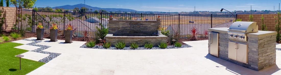 Decorative walkway connecting outdoor living spaces