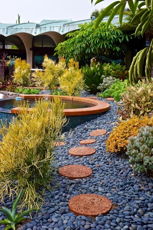 Lush backyard landscape with outdoor entertainment space