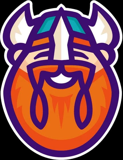 Illustrated smiling face of a bearded Viking with horned helmet.