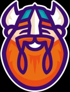 Illustrated smiling face of a bearded Viking with horned helmet.