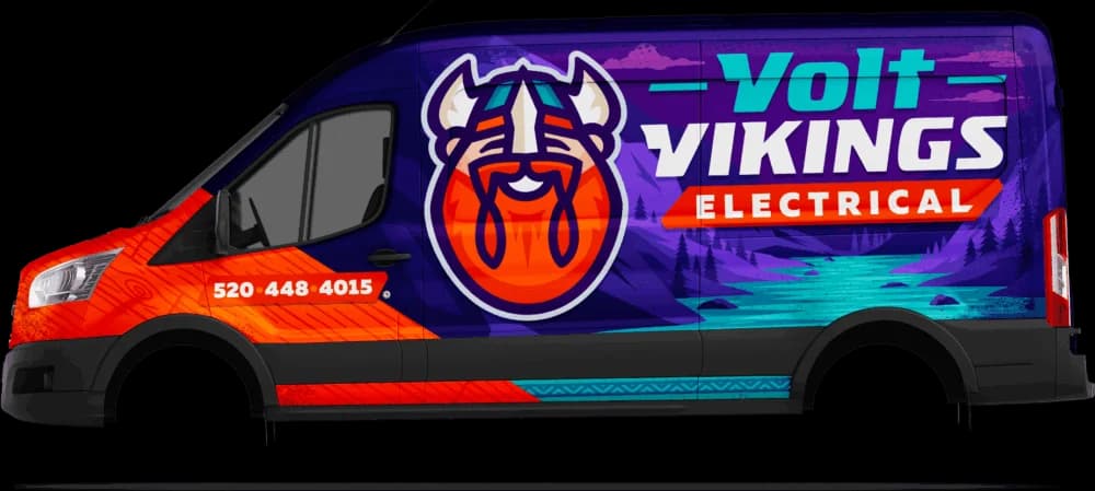 Colorful van with Viking logo and Volt Vikings Electrical text. Phone number displayed. Background shows a landscape.