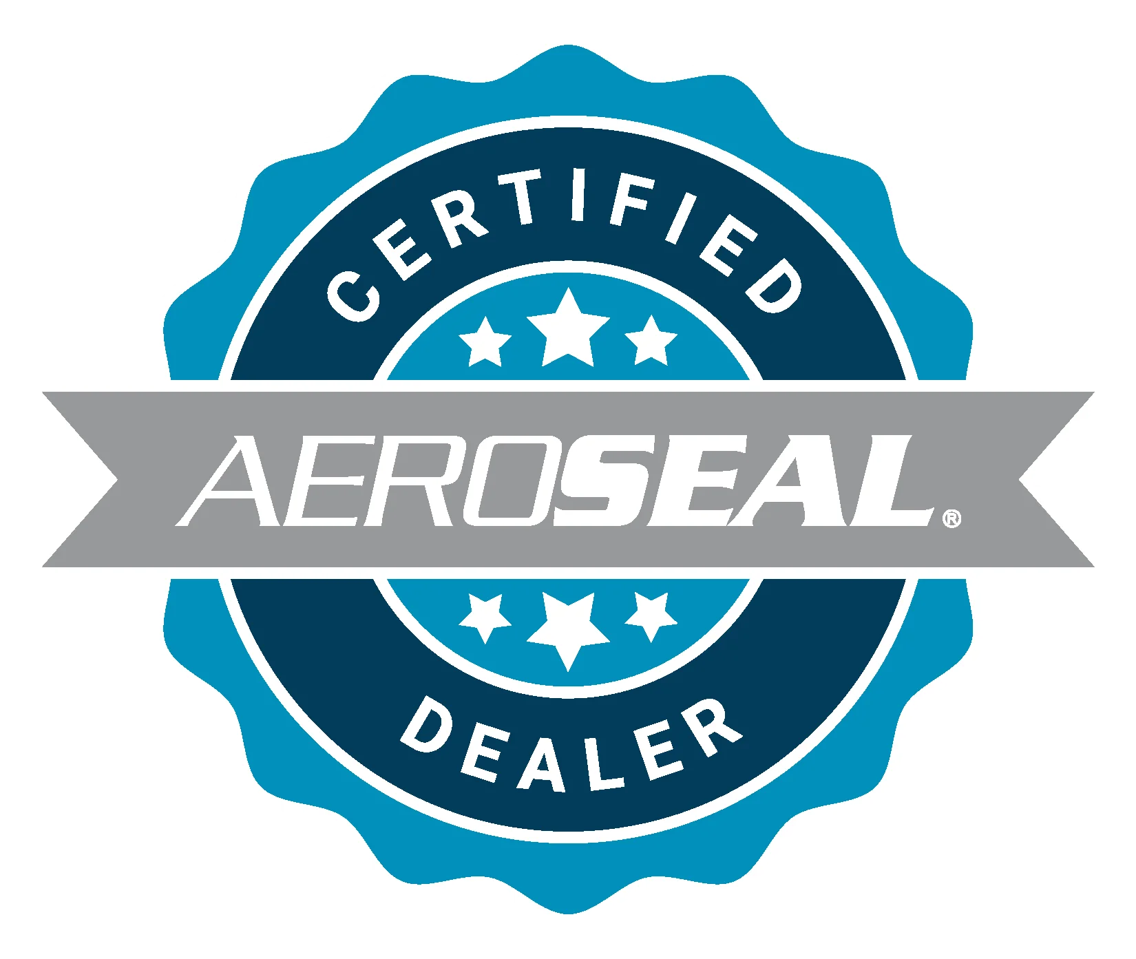 Aeroseal certified dealer logo featuring the word 'aeroseal' in bold letters with a seal symbol in the background.