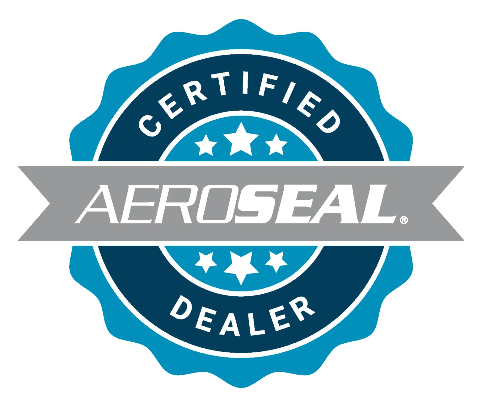 Aeroseal certified dealer logo featuring the word 'aeroseal' in bold letters with a seal symbol in the background.