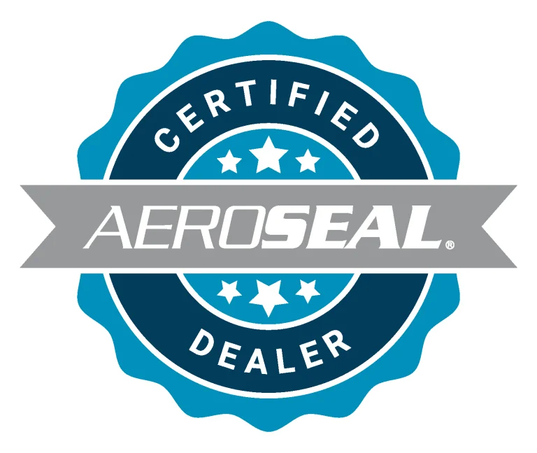 Aeroseal certified dealer logo featuring the word 'aeroseal' in bold letters with a seal symbol in the background.