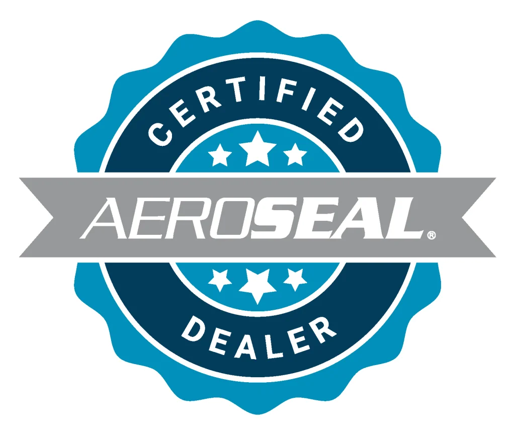 Aeroseal certified dealer logo featuring the word 'aeroseal' in bold letters with a seal symbol in the background.
