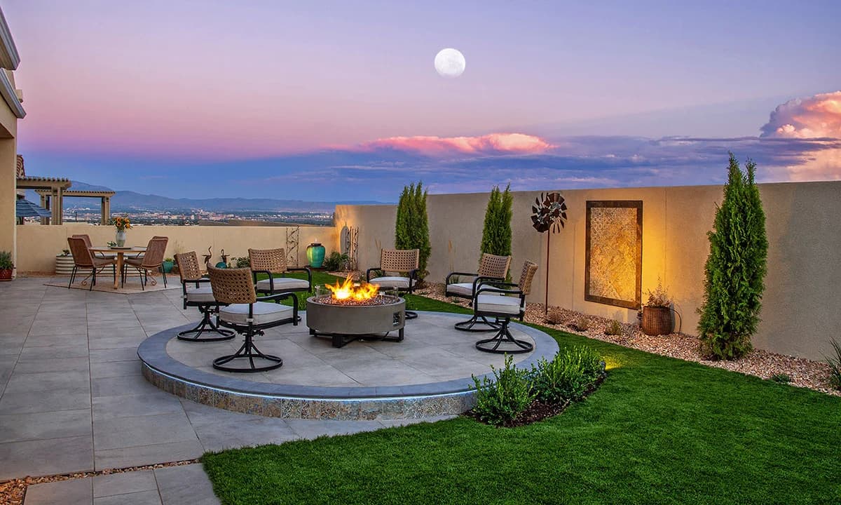 Albuquerque Landscape Design Backyard Artificial Turf Fire Feature Lighting Porcelein Paver