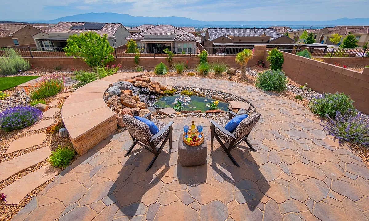 New Mexico Water Feature Koi Pond Backyard Patio Belgard Mega Arbel Toscana FX Lighting