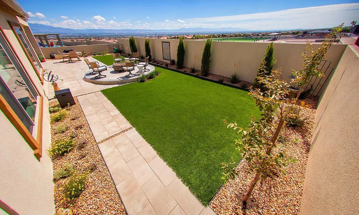 Albuquerque Landscape Design Backyard Artificial Turf Fire Feature Porcelein Pavers