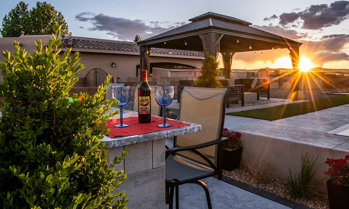Backyard Outdoor Kitchen Granite Countertop Belgard Artforms Pergola Concrete slabs