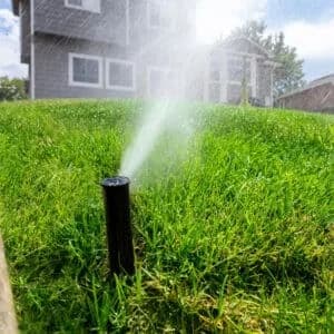Irrigation system turned on in a residential backyard