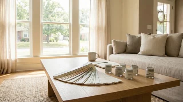 Paint color swatches and Benjamin Moore sample pots on a coffee table in a bright Nashville home living room
