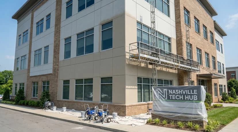 Professional commercial exterior painting on a Nashville office building with fiber cement and brick facade