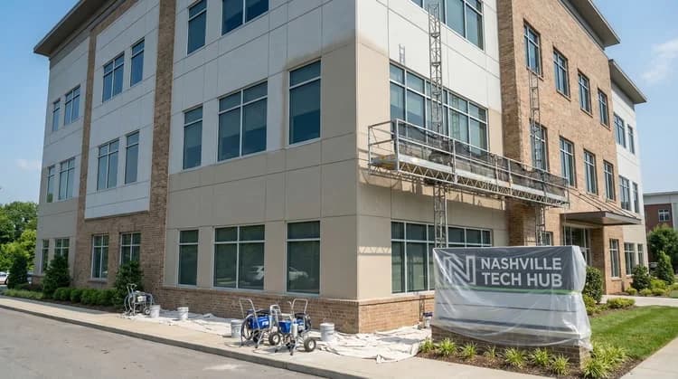Professional commercial exterior painting on a Nashville office building with fiber cement and brick facade